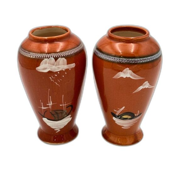 Asian-Inspired Hand-Painted Ceramic Vases – Burnt Orange with a Bamboo Design - Picture 2 of 9
